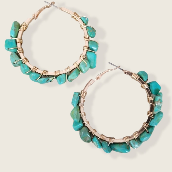 Hand Crafted Boho Turquoise Nugget Wire Wrapped Hoop Earrings - Picture 4 of 14